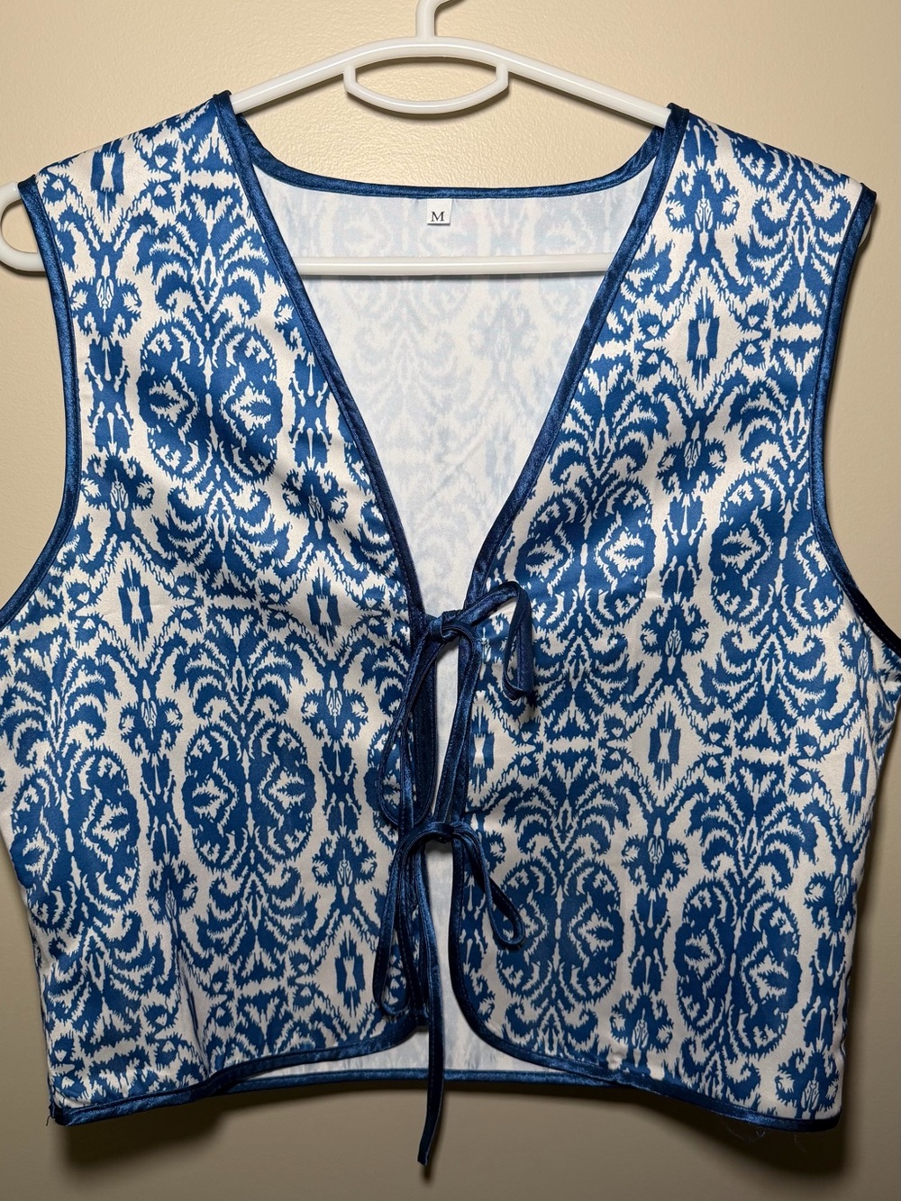 Blue & White Printed Tie-Front Vest | Size M